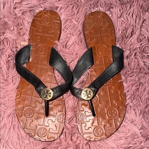 Tory Burch Black Leather Logo Thong Sandals with Brown Footbed